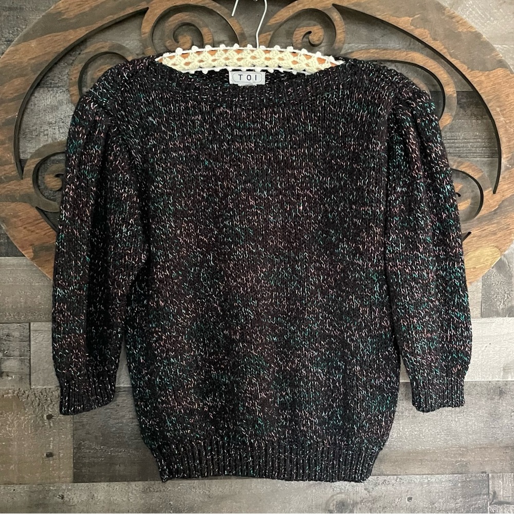 90s Sweater Crop Black Pastel Specks Puff 3/4 Sleeves Whimsy Fairy Goth